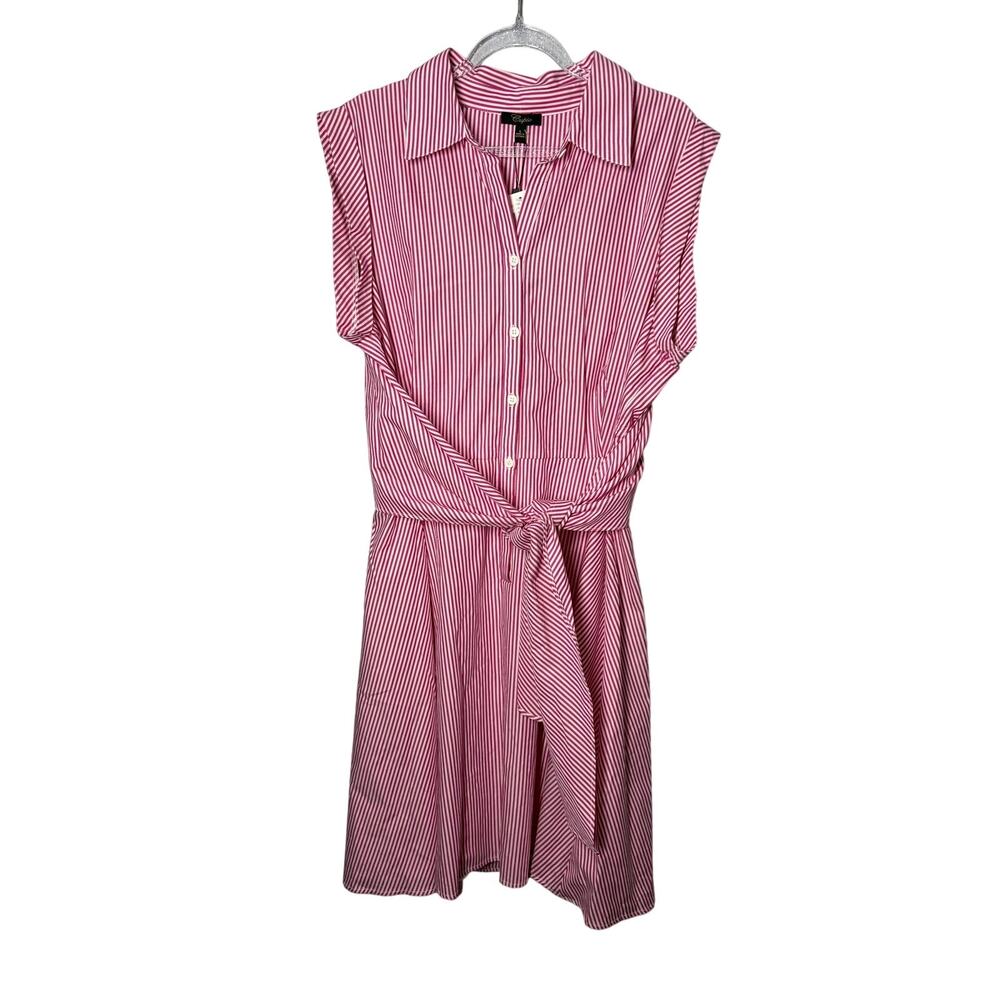 Cupio Pink White  Striped Tie Waist Shirt Dress Cotton Preppy L NWT